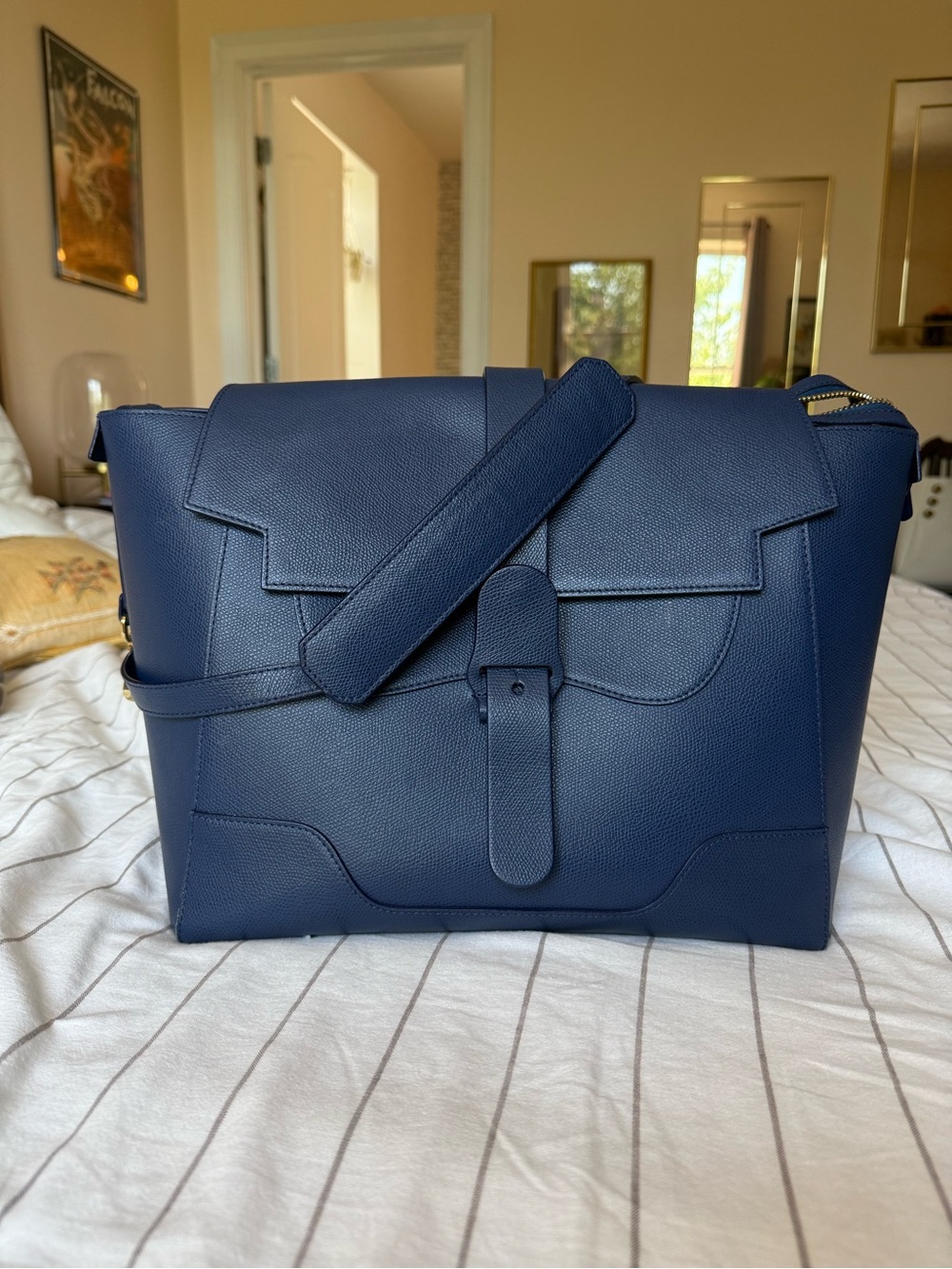 Senreve Maestra Large Navy Leather Handbag with Gold Accents